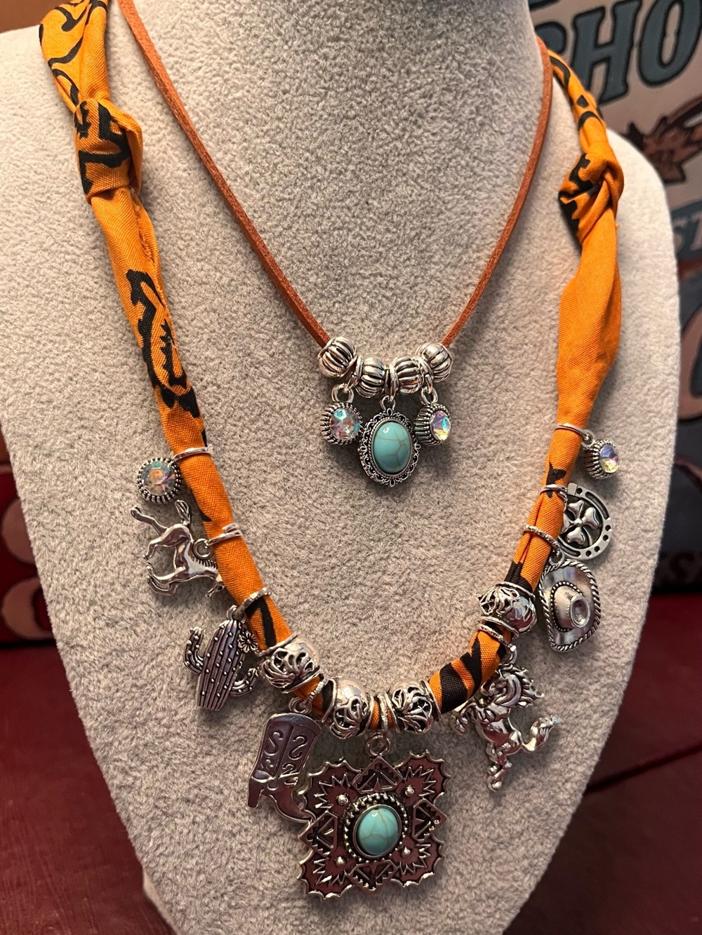 Turquoise Pendant Layered Necklace - Terracotta Silver Charm Statement - Picture 2 of 7